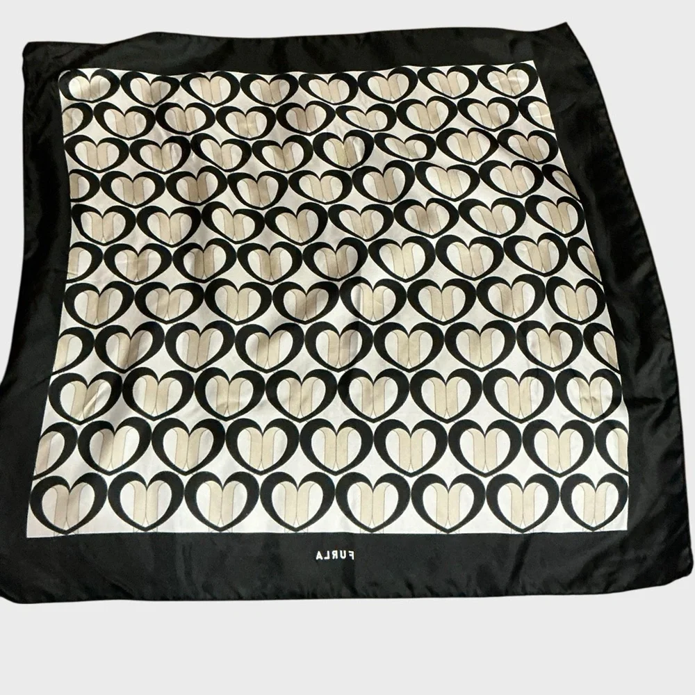 Furla Heart Print Square Scarf Black Cream Bandana Neck Scarf 23” Designer